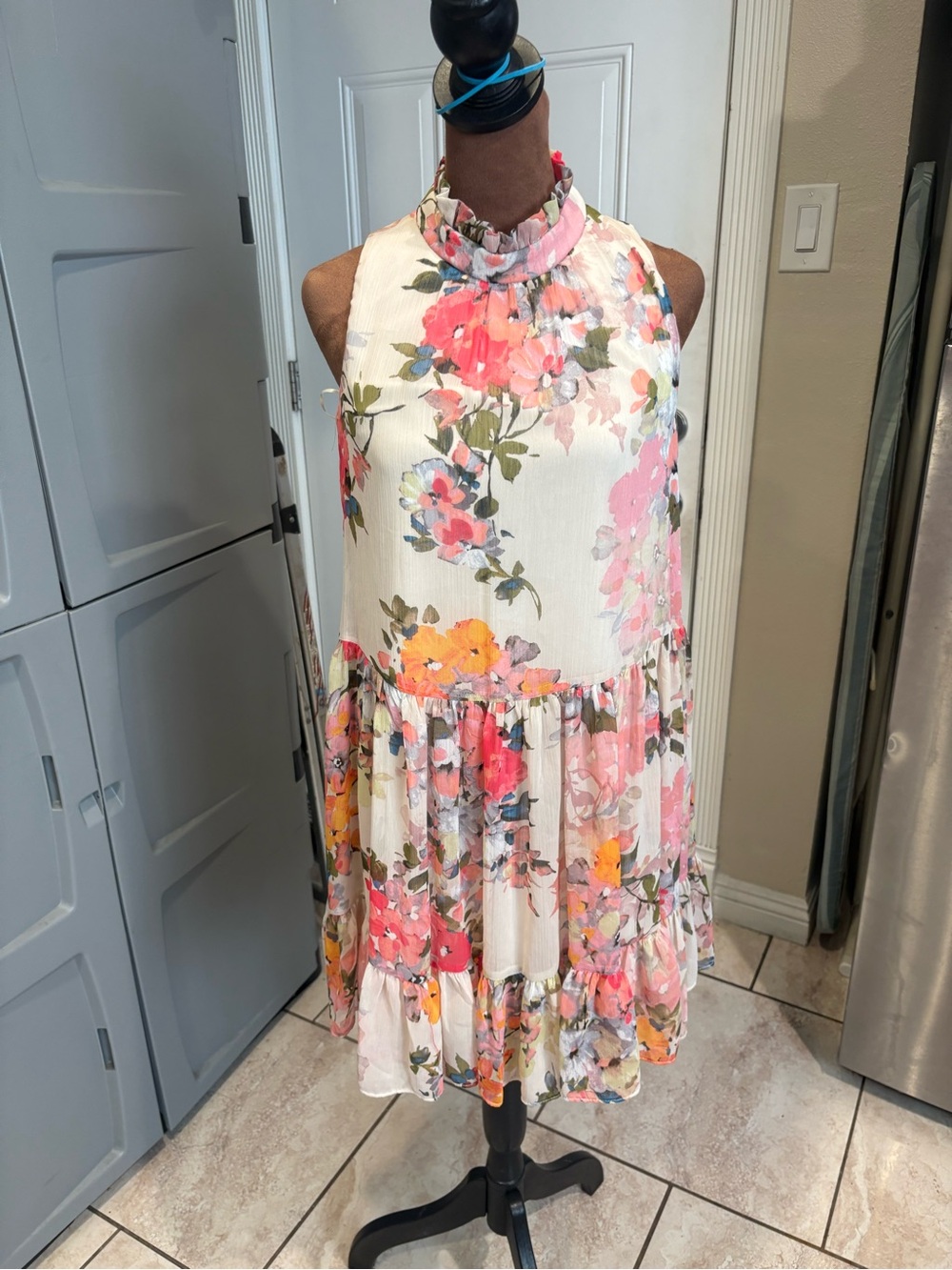 Sleeveless Floral Ruffle-Neck Mini Dress in Cream with Pink & Orange Flowers